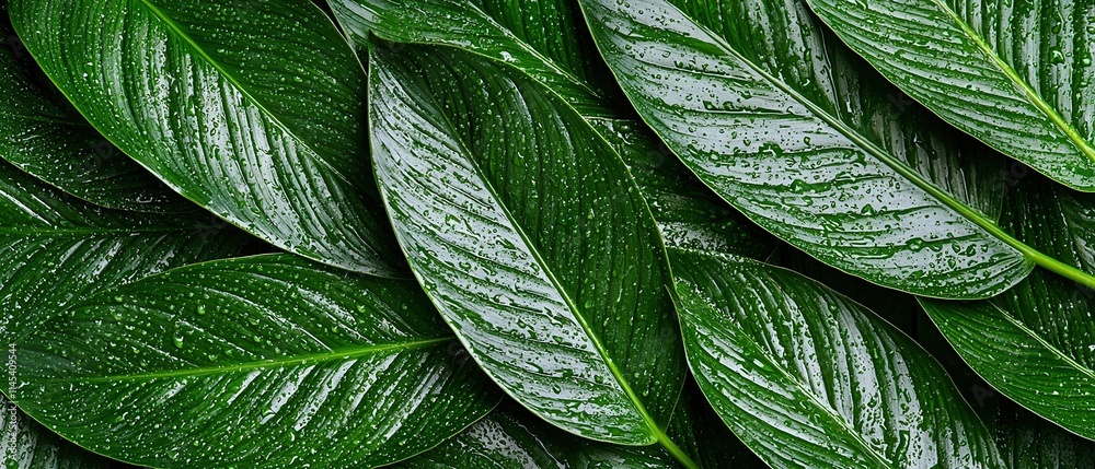 Fototapeta premium A close-up view of vibrant green leaves with droplets of water, showcasing nature's beauty.