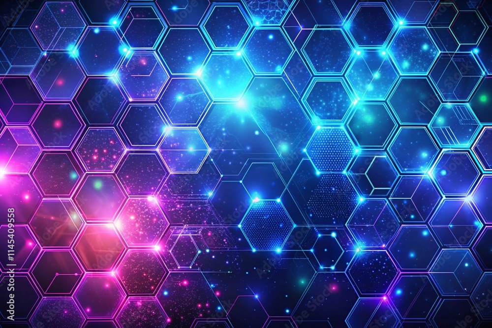 Modern geometric hexagonal pattern with bright neon blue and pink hues for a stylish wallpaper background