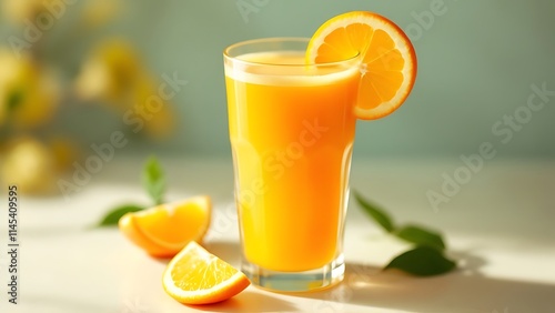 Freshly squeezed orange juice in a glass with a slice of orange, offering a refreshing, vitamin-rich drink perfect for a healthy start to the day or a revitalizing boost.