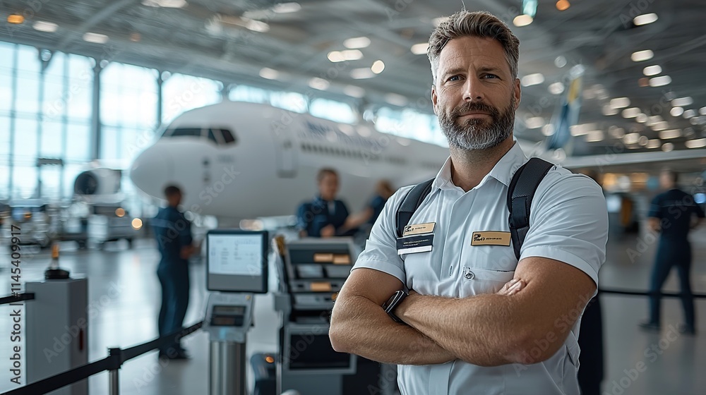 A confident airport personnel stands in front of a plane, showcasing professionalism in travel. A confident airport personnel stands in front of a plane, showcasing professionalism in travel.