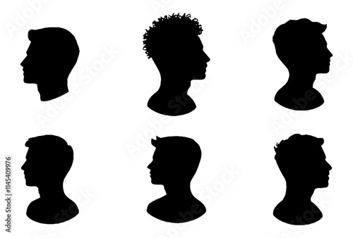 Silhouettes of Male Profiles with Distinct Hairstyles in Side View