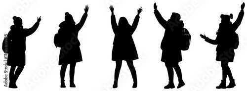 Silhouettes of People Waving Hands in Winter Wear
