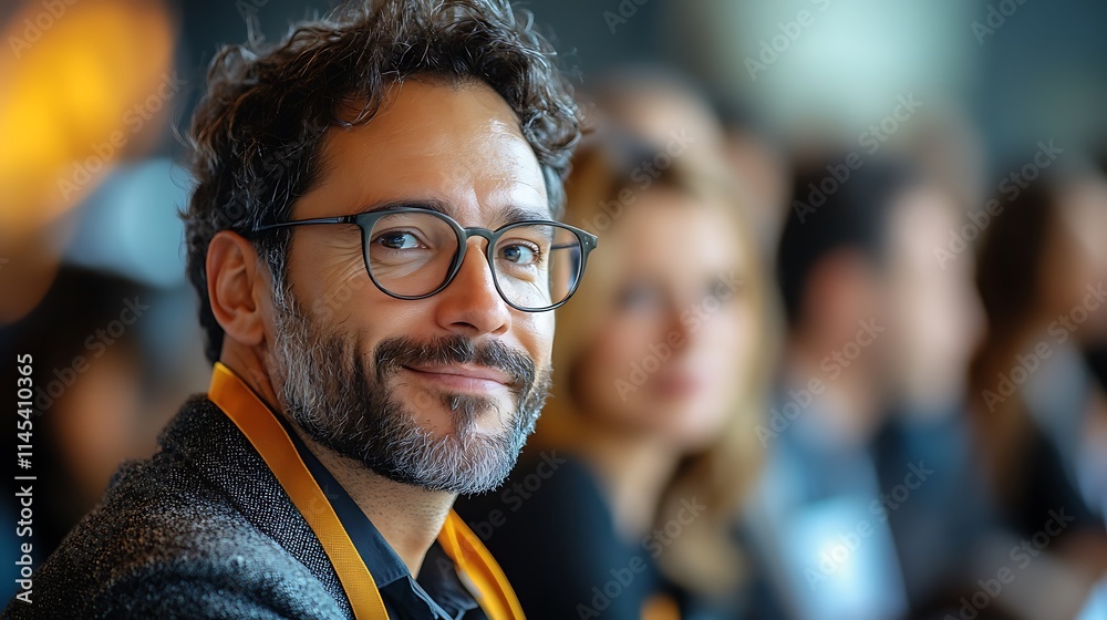 A Man with Glasses Smiles at a Conference A Man with Glasses Smiles at a Conference