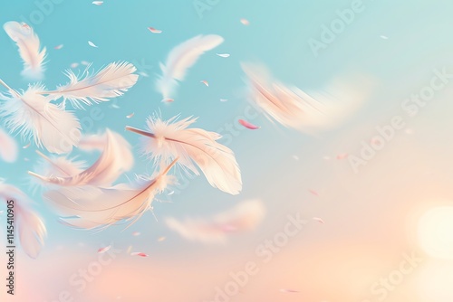 White feathers float gently in a pastel sky at sunset.