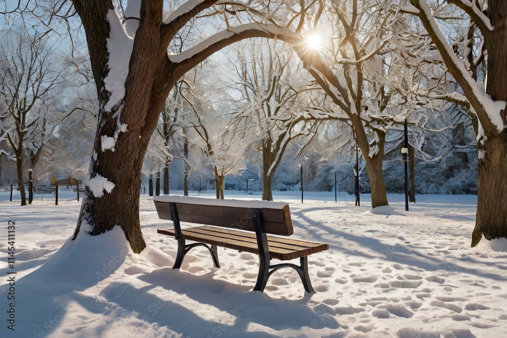 A peaceful snow-covered park with leafless trees forming a natural archway. Sunlight streams through the branches, casting long shadows on the pristine snow