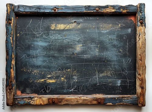 A rustic, reclaimed wood frame encases a dark slate surface, etched with abstract markings and faded gold accents.  The piece evokes a sense of age and history.