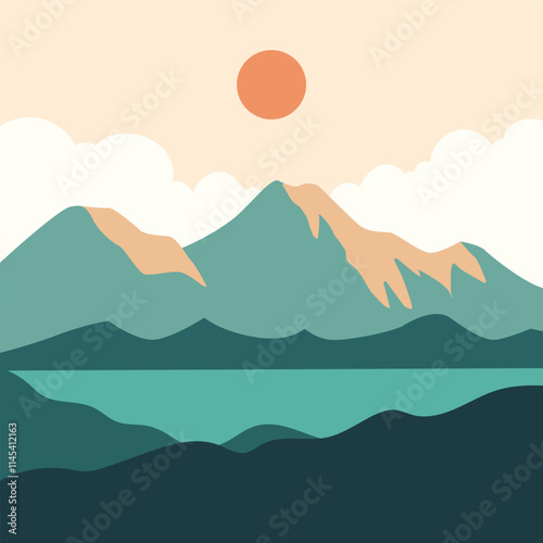 abstract, adventure, art, background, banner, blue, cartoon, colorful, concept, creative, day, design, environment, flat, geometric, graphic, hill, horizon, horizontal, illustration, japanese, land, l