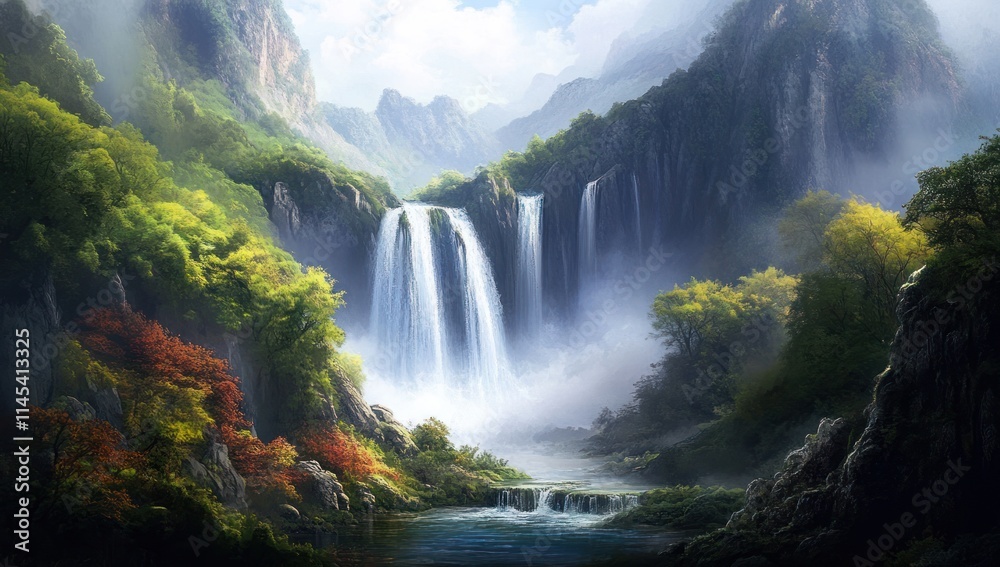 Fototapeta premium Serene Waterfall in a Misty Mountain Valley
