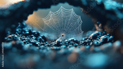 spider weaving its intricate web in serene environment photo