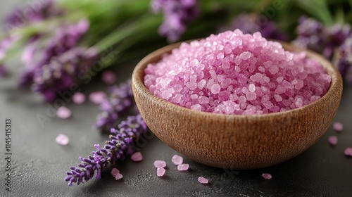 A wooden bowl filled with pink salt crystals, surrounded by lavender flowers.