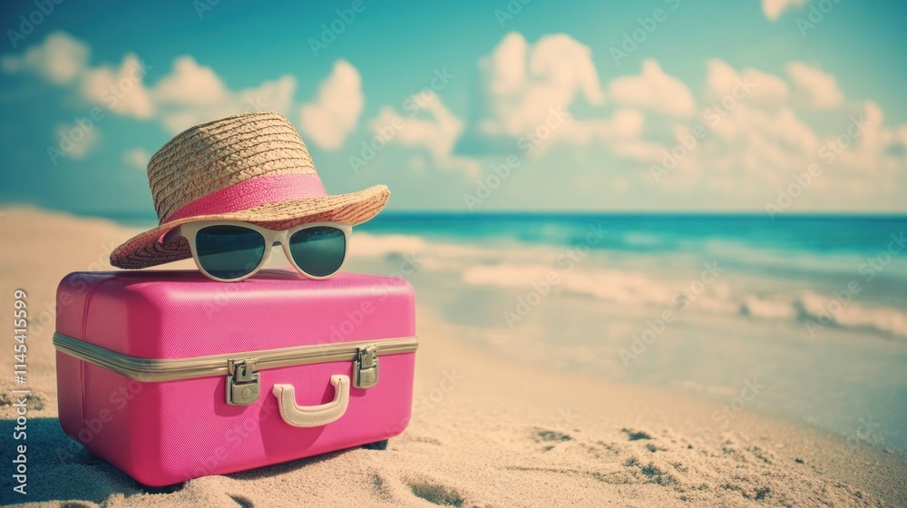 Pink suitcase, sunglasses, hat on beach. Pink suitcase, sunglasses, hat on beach.