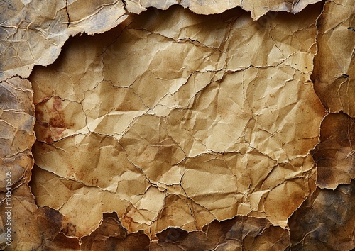 Close-up of a crumpled, aged piece of paper with a textured surface and burnt edges. The rich brown tones evoke a sense of history and time.
