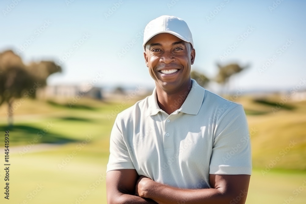 Portrait of a happy african american golfer standing with arms crossed on golf course Portrait of a happy african american golfer standing with arms crossed on golf course