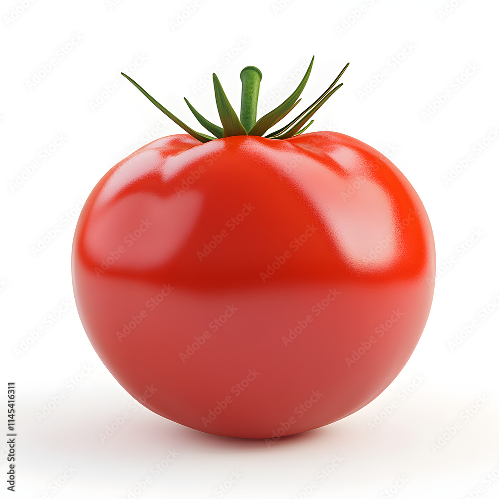 A perfectly round red 3D tomato, with a shiny skin and green stem A perfectly round red 3D tomato, with a shiny skin and green stem
