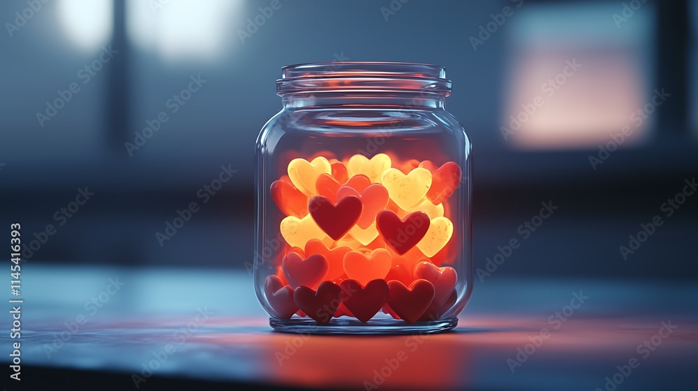 A jar filled with many red and yellow hearts