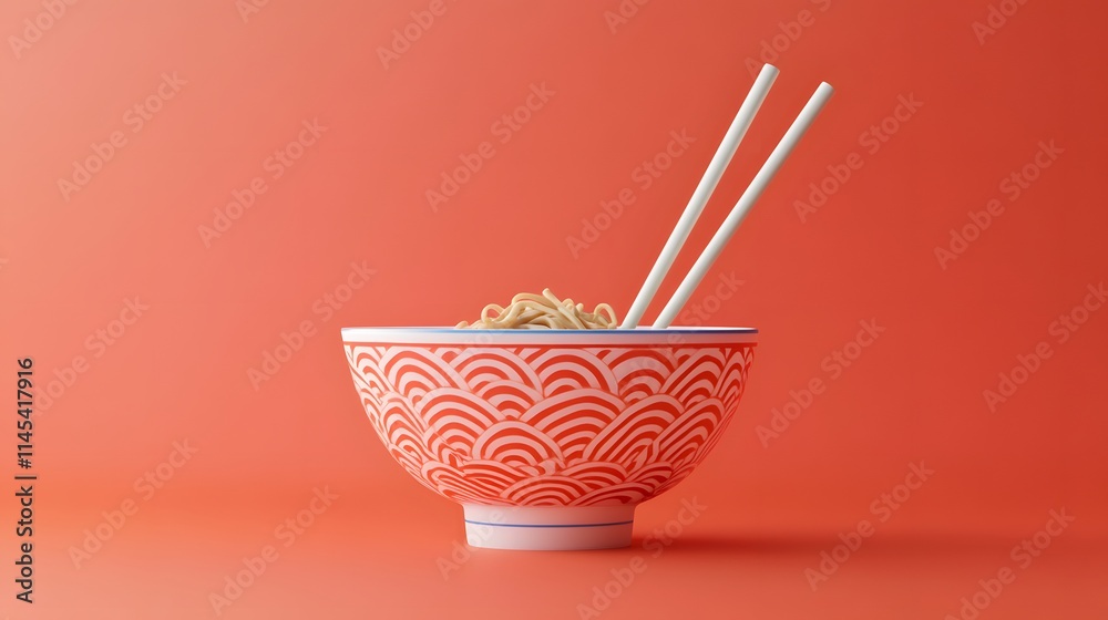 A bowl of noodles with chopsticks rests on a coral background A bowl of noodles with chopsticks rests on a coral background