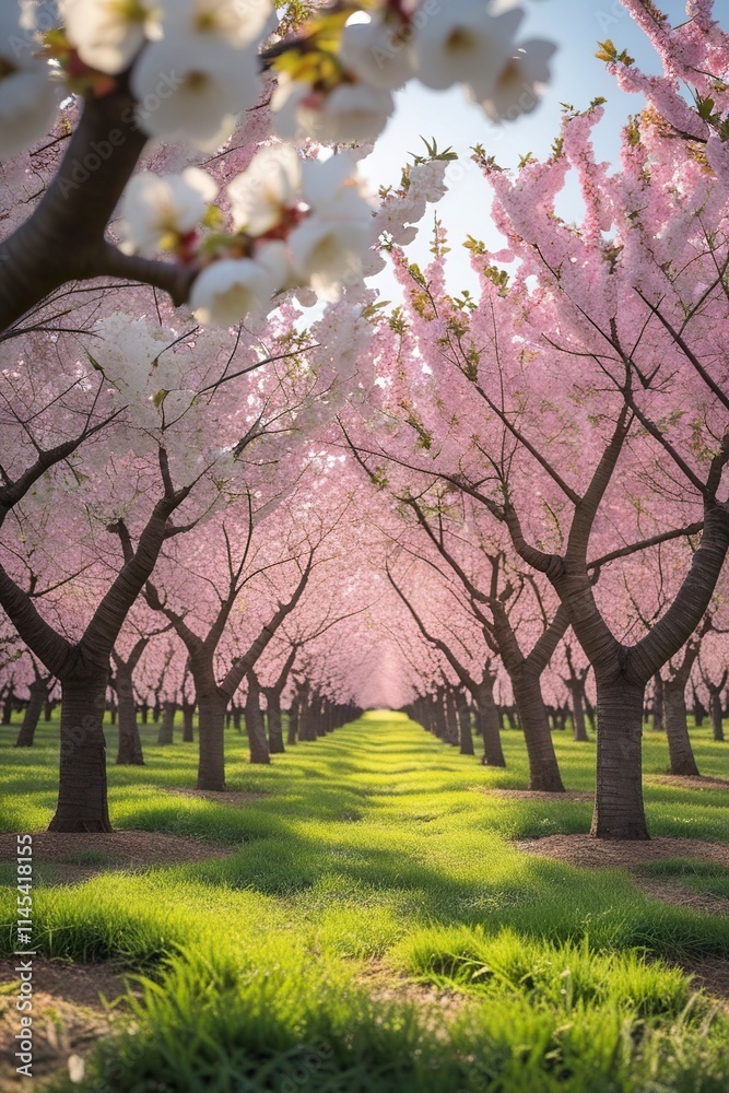 Naklejka premium A picturesque cherry orchard in full bloom during springtime, with rows of cherry trees covered in white and pink blossoms