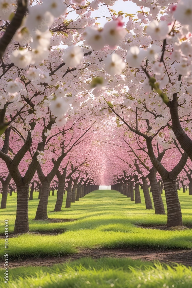 A picturesque cherry orchard in full bloom during springtime, with rows of cherry trees covered in white and pink blossoms A picturesque cherry orchard in full bloom during springtime, with rows of cherry trees covered in white and pink blossoms