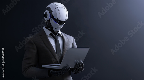 Corporate Robot Businessman in Professional Suit with Laptop on Minimalist Background  photo