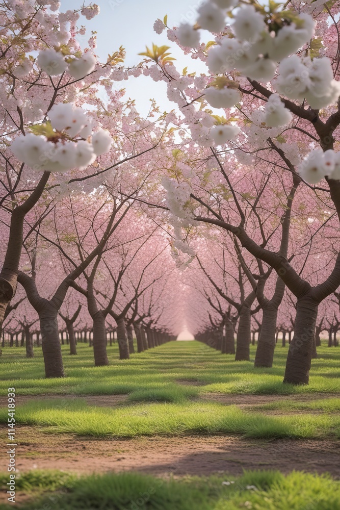 A picturesque cherry orchard in full bloom during springtime, with rows of cherry trees covered in white and pink blossoms A picturesque cherry orchard in full bloom during springtime, with rows of cherry trees covered in white and pink blossoms