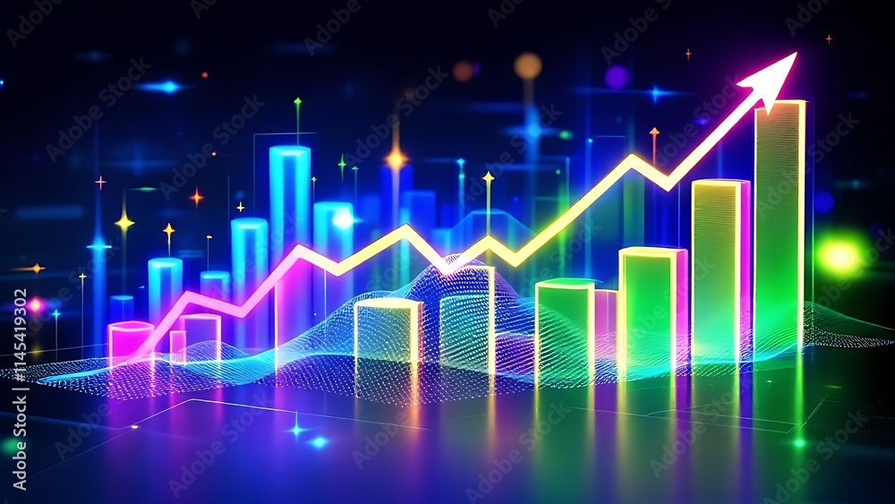 Glowing holographic graphs display e-commerce growth and trends, highlighting digital progress and business analytics in a futuristic and visually engaging design.