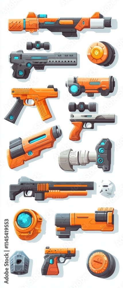Dynamic futuristic gun designs digital art sci-fi environment illustration close-up view gaming concept Dynamic futuristic gun designs digital art sci-fi environment illustration close-up view gaming concept