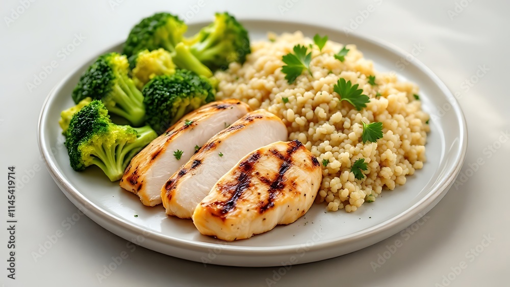 Grilled chicken breast served with steamed broccoli and quinoa, a healthy and nutritious meal perfect for fitness, diet, and healthy eating themes. Grilled chicken breast served with steamed broccoli and quinoa, a healthy and nutritious meal perfect for fitness, diet, and healthy eating themes.