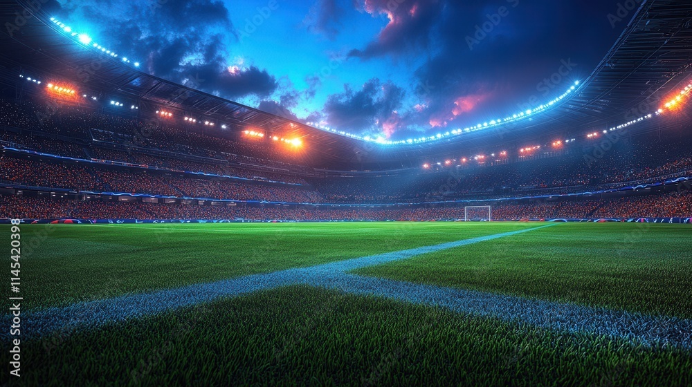 A vibrant stadium scene at dusk, showcasing a well-maintained soccer field. A vibrant stadium scene at dusk, showcasing a well-maintained soccer field.