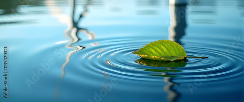 Wallpaper Mural Serene leaf floats gently on tranquil blue water, creating mesmerizing ripples.  Peaceful nature scene. Torontodigital.ca
