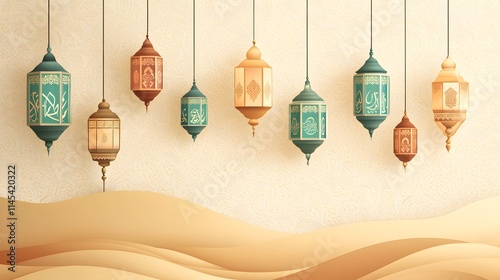 Ornate Lanterns Hanging Over Desert Dunescape photo