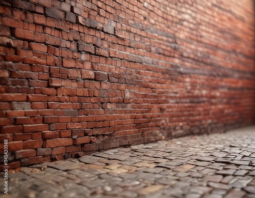 Defocused bokeh background of red brick wall for texture overlay, artistic, backdrop, blurred