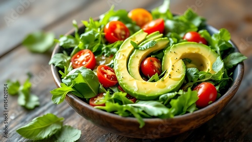 A healthy salad bowl filled with fresh mixed greens, juicy tomatoes, and creamy avocado, offering a nutritious, light, and delicious meal perfect for clean eating and wellness. photo