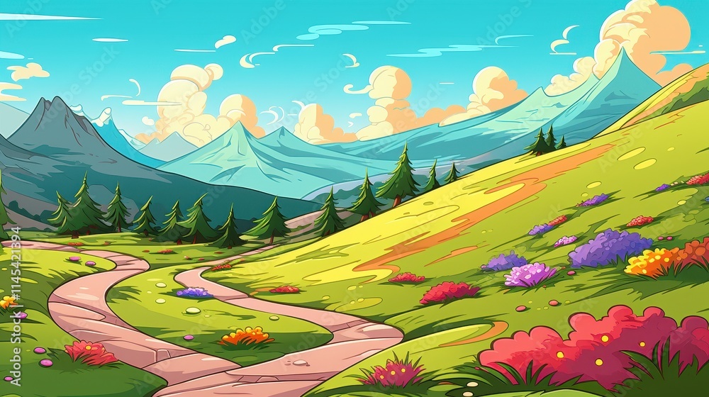 Fototapeta premium Winding Path Through a Colorful Mountain Meadow