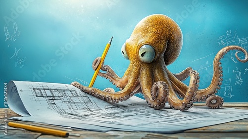 Creative octopus designing blueprints at a drafting table underwater studio illustration playful environment unique perspective for art enthusiasts and architects photo