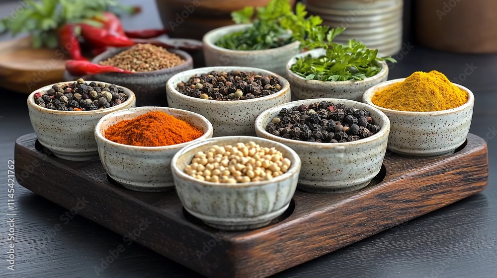 Assorted spices in small bowls on a wooden tray. Assorted spices in small bowls on a wooden tray.
