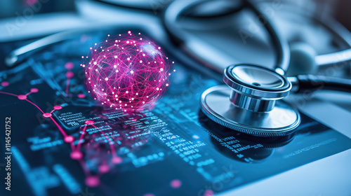 A stethoscope rests on a digital health chart, accompanied by a glowing pink sphere, symbolizing medical technology and innovation.