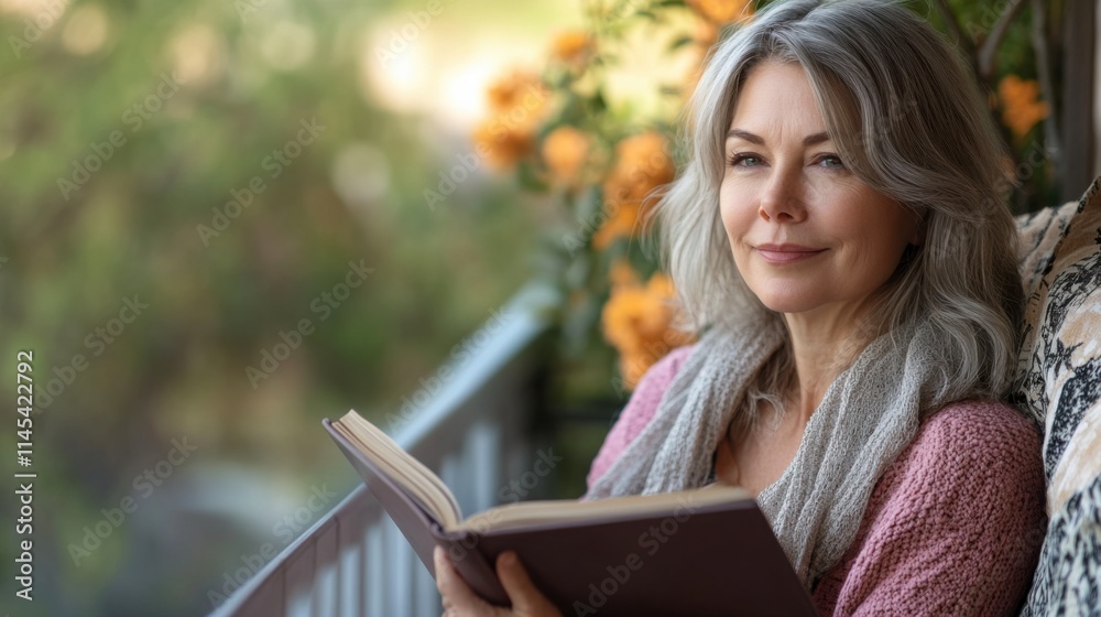 Serene Moments: A mature woman, radiating tranquility, finds solace and inspiration while reading a book on her balcony. Serene Moments: A mature woman, radiating tranquility, finds solace and inspiration while reading a book on her balcony.