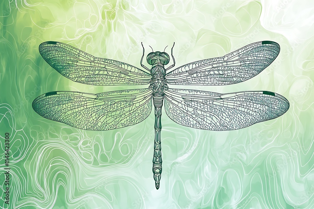 Detailed illustration of a dragonfly on an abstract green background. Detailed illustration of a dragonfly on an abstract green background.