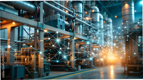 Manufacturing plant with glowing data connections and copy space concept as Glossy image of a manufacturing plant overlaid with glowing data connections symbolizing the interconnectedness of systems i