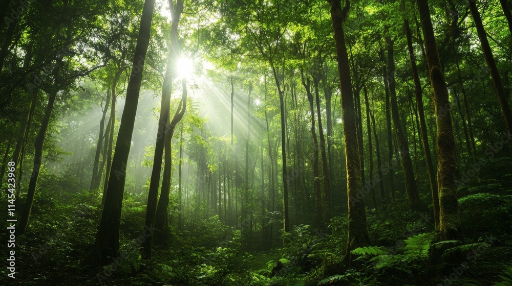 Obraz premium Sunlight streaming through lush forest canopy, creating a magical, mystical atmosphere.