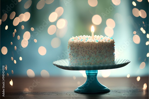 Birthday cake with candles on bokeh background, close up photo