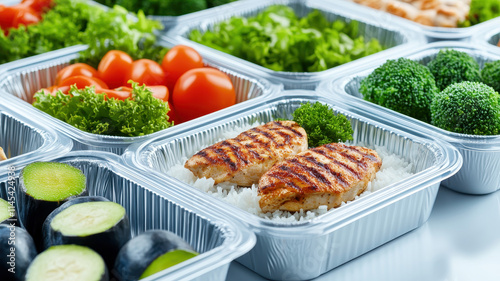 Healthy meal prep containers with grilled chicken, vegetables, and rice photo