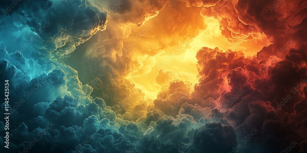 Obraz premium Dramatic cloudscape with vibrant teal, orange, and red hues.