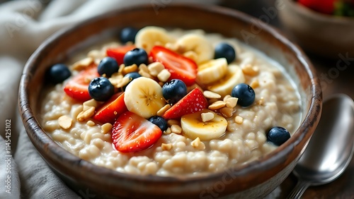 A nutritious bowl of oatmeal topped with fresh fruit and nuts, offering a wholesome, energy-boosting breakfast packed with fiber, vitamins, and healthy fats for a balanced meal. photo