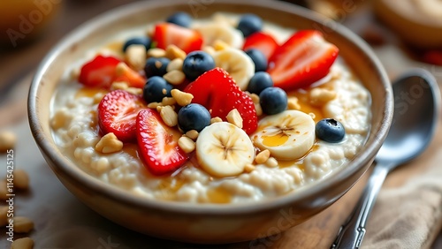 A nutritious bowl of oatmeal topped with fresh fruit and nuts, offering a wholesome, energy-boosting breakfast packed with fiber, vitamins, and healthy fats for a balanced meal. photo