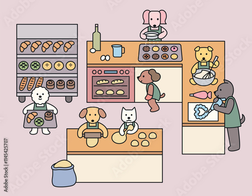 Cute dogs are making bread in the bakery kitchen. The dogs are each doing their part in an organized manner. Cuttiny character with outline.