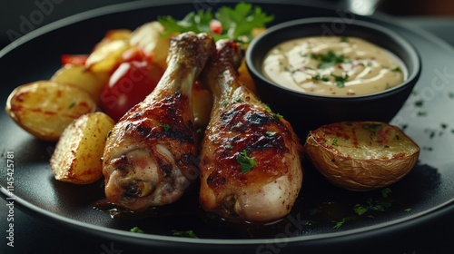 Delicious Grilled Chicken Drumsticks with Roasted Potatoes and Creamy Sauce A Culinary Delight photo