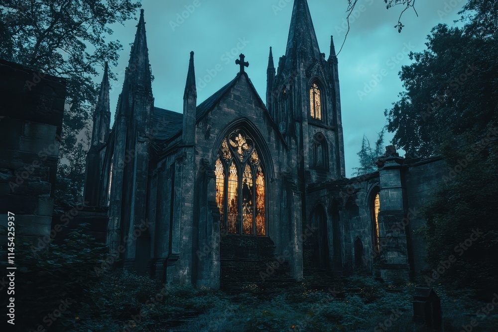Obraz premium Exploring the enigmatic ruins of a gothic church at twilight surrounded by nature captured in a mysterious environment with towering spires and glowing windows