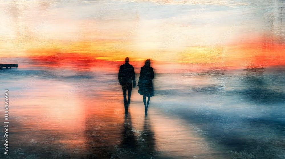 Fototapeta premium Romantic couple walking along a AI generated illustration