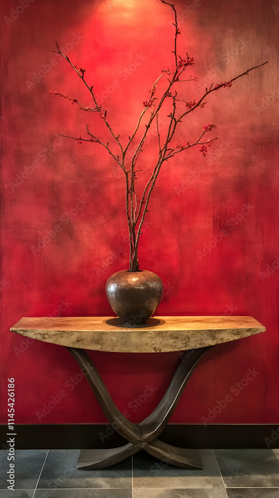 A decorative arrangement featuring a vase with branches against a vibrant red wall.